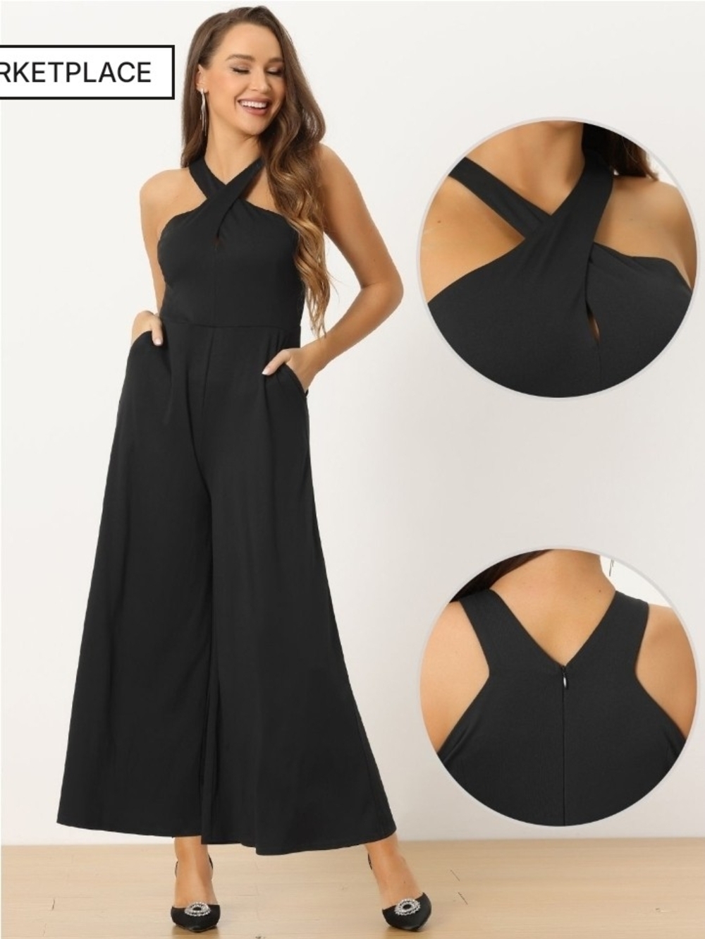 Allegra K Black Wide-Leg Jumpsuit with Side Pockets